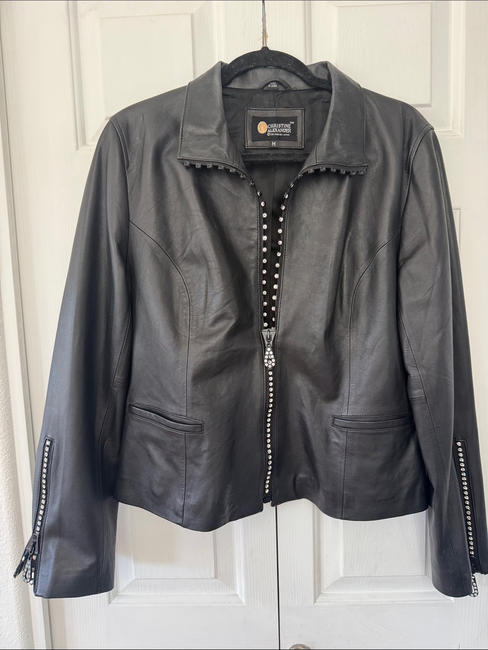 Christine Alexander Black Leather Jacket with Rhinestone Zippers, M